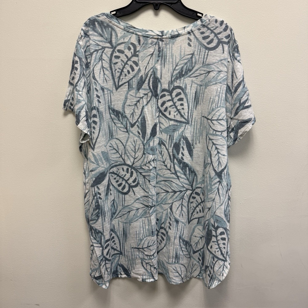 Tahari 100% Linen Top Womens 2X Blue Tropical Leaf Print V Neck Blouse - Picture 8 of 9